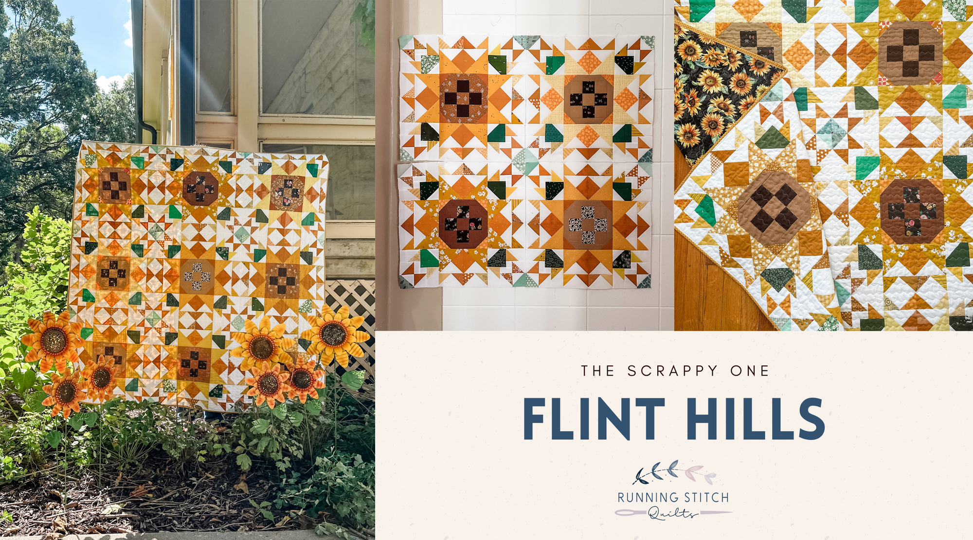 Collage graphic of the scrappy Flint Hills quilt and blocks with the text ‘The Scrappy One – Flint Hills – Running Stitch Quilts.’
